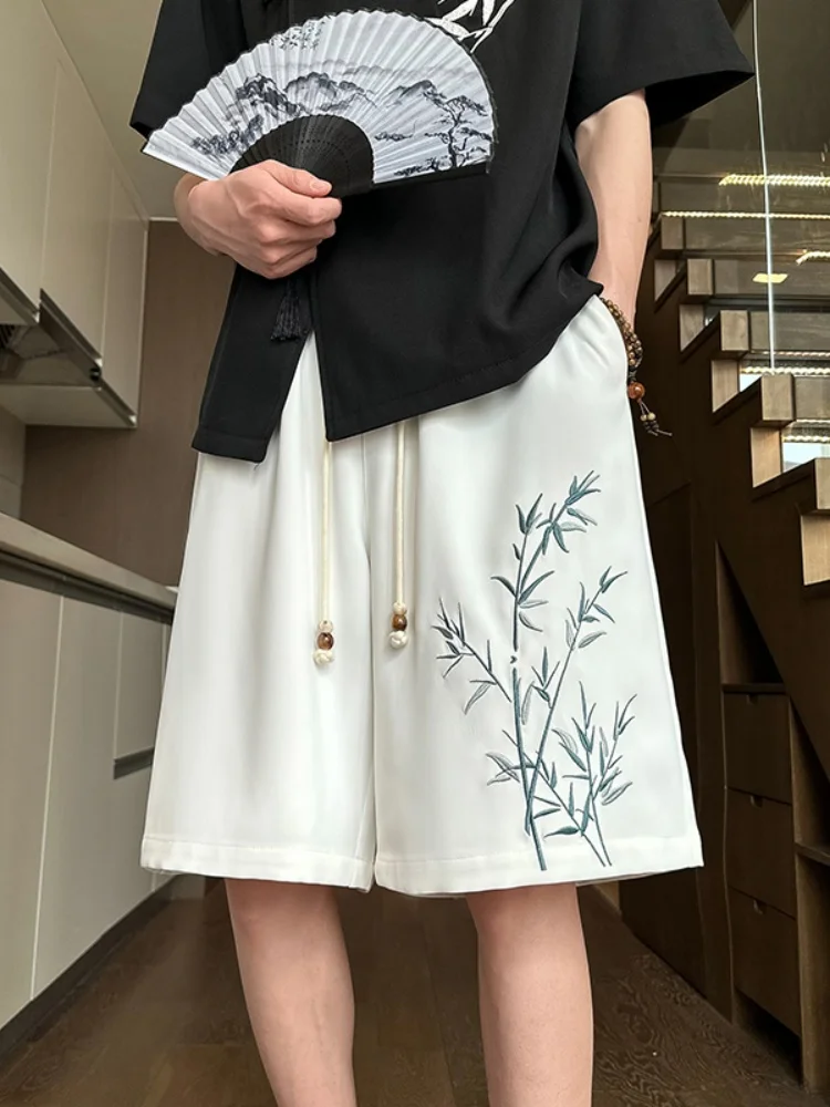 

Ice Silk Suit orts Men Summer Thin Loose Five-Point Bamboo Embroidery New Chinese Sle Pants Breathable Lightweight Cool