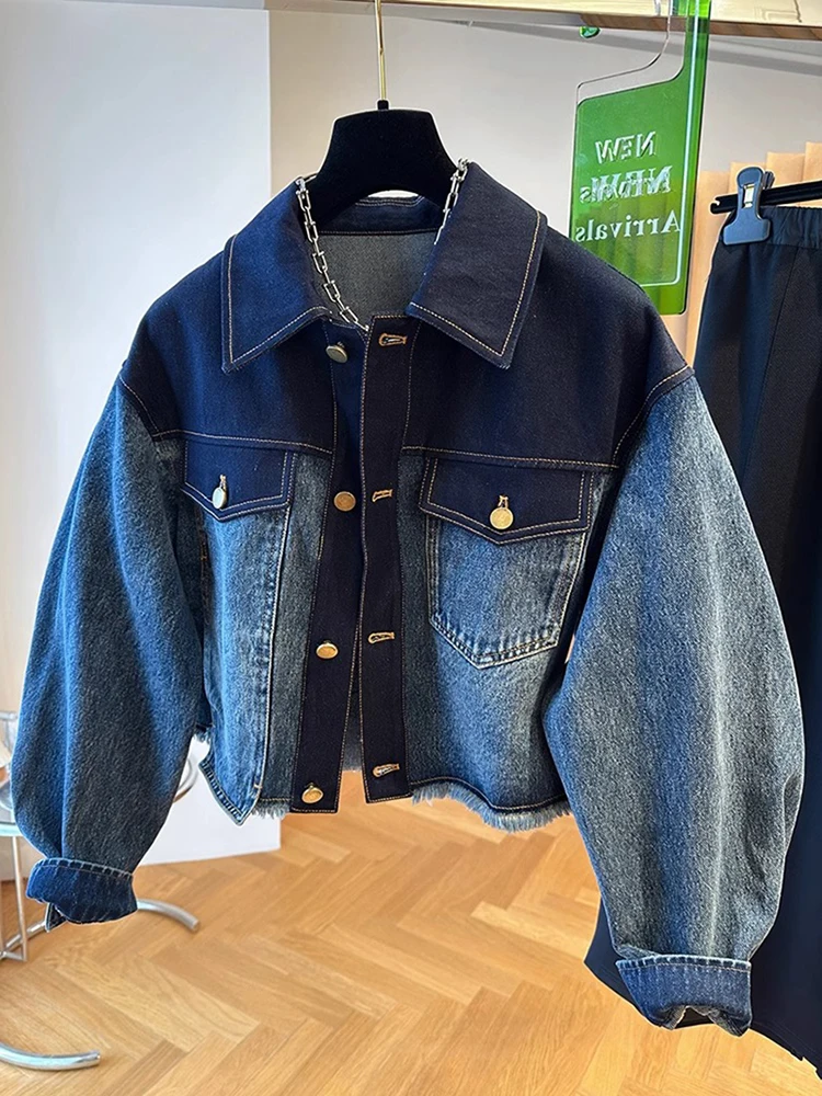 

Повседневная свободная женская джинсовая куртка с воротником-джатом, весенне-осенняя модная одежда цвета adient, корейская смесь хлопка