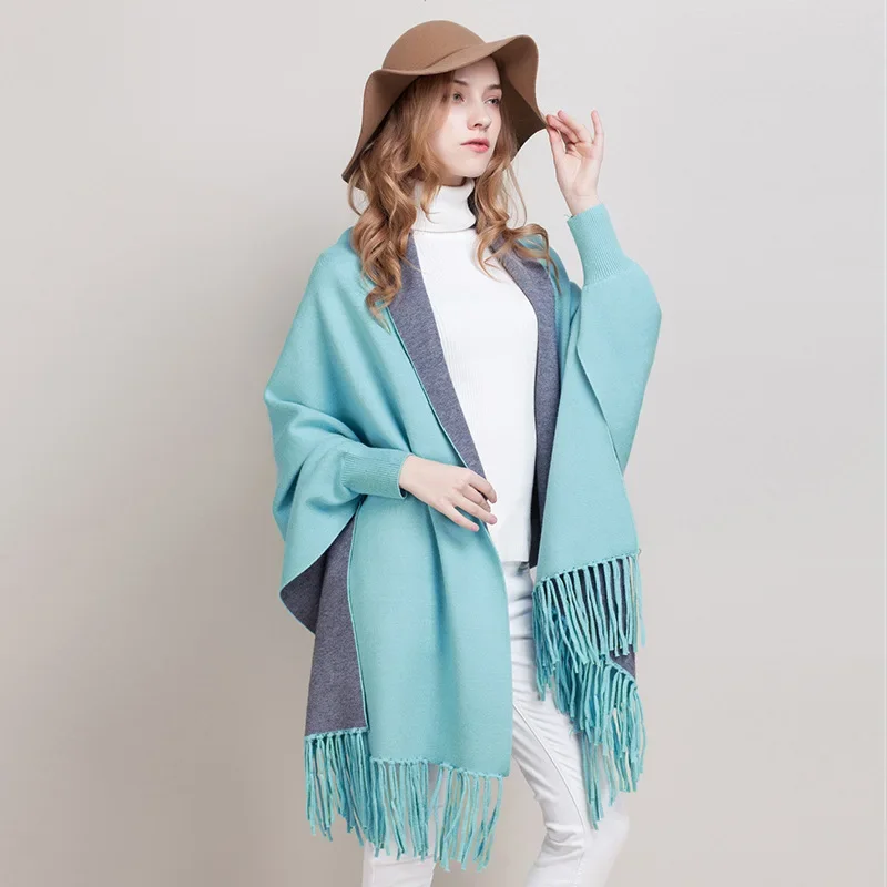 Women Ponchos With Sleeves Tassel Knitted Shawl Wrap Plus Size Cardigan Poncho Cape Open Front Long Winter Sweater Coat Mujer