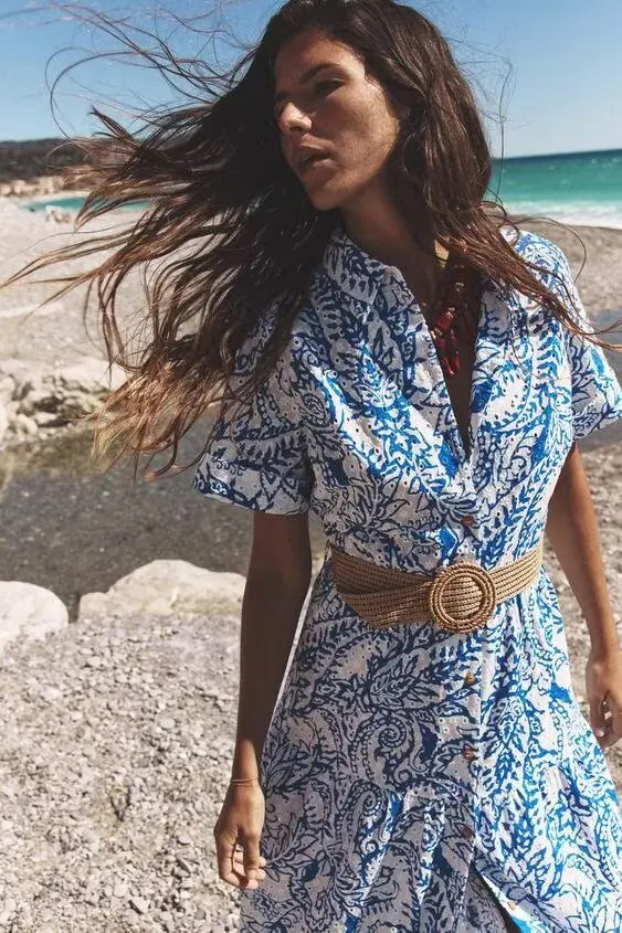 BB6389 ZA25 Polo da donna nuova estate manica corta con cintura in cotone stampato abito camicia 2157045