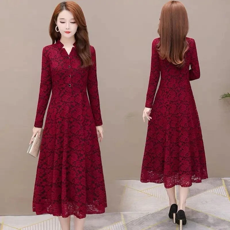 5XL Women\'s Lace Dress Autumn Winter New Long Sleeve Add Velvet Dress Female Elegant Knitted A-line Long Veatidos