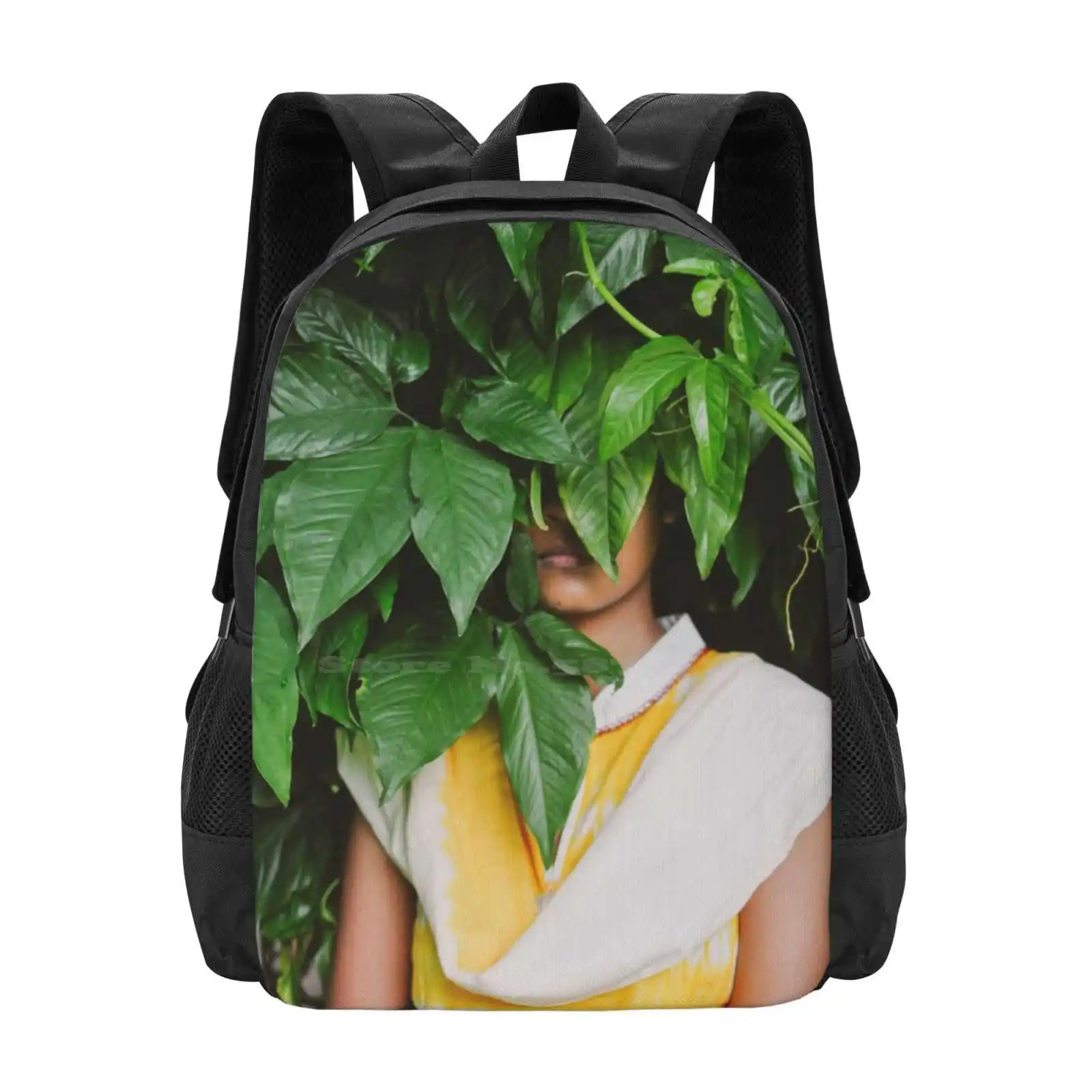 Hiding Place Hot Sale Schoolbag Backpack Fashion Bags Hiding Garden Leave Green Woman Color Yellow Fine Art Anonymous Surreal