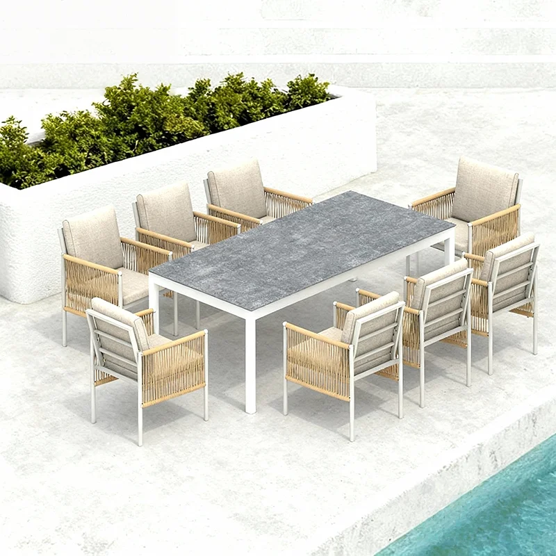 

！@Dwoo 9 Piece Aluminum Rope Woven Dining Chairs Set Modern Outside Courtyard Outdoor Furniture Dining Set