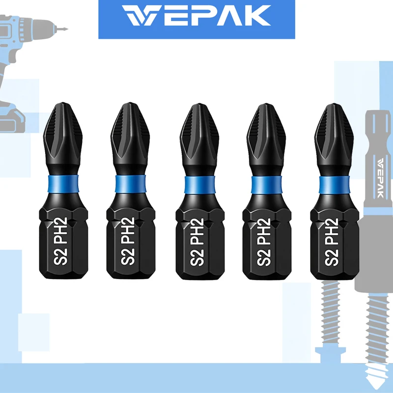 

Набор ударных бит VEPAK VP1PH2025-1 PH2 25 мм, 5 шт., сталь S2, высокая твердость, противоскользящие, прочные насадки для отверток