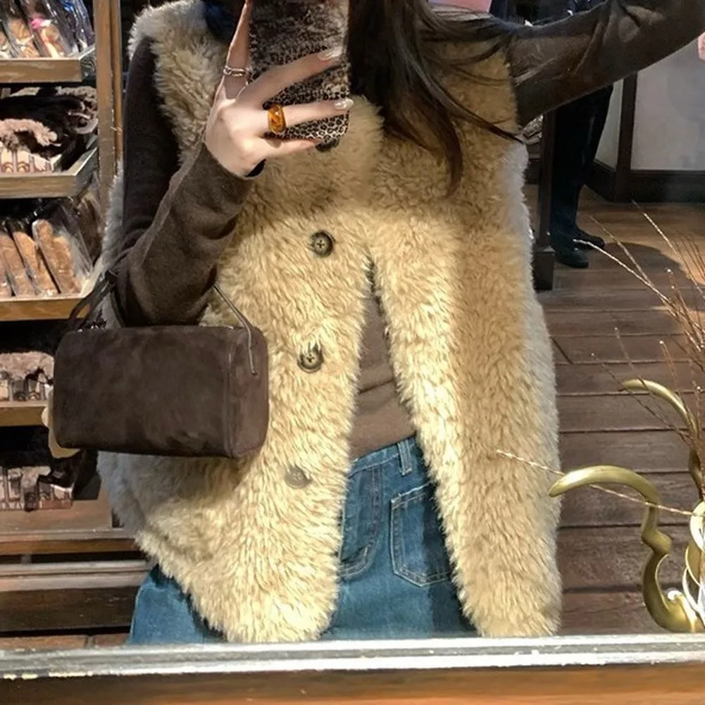 Sleeveless Round Collar Vest for Women Autumn Winter Warm Loose Waistcoat with Button Front Casual Style Coffee White