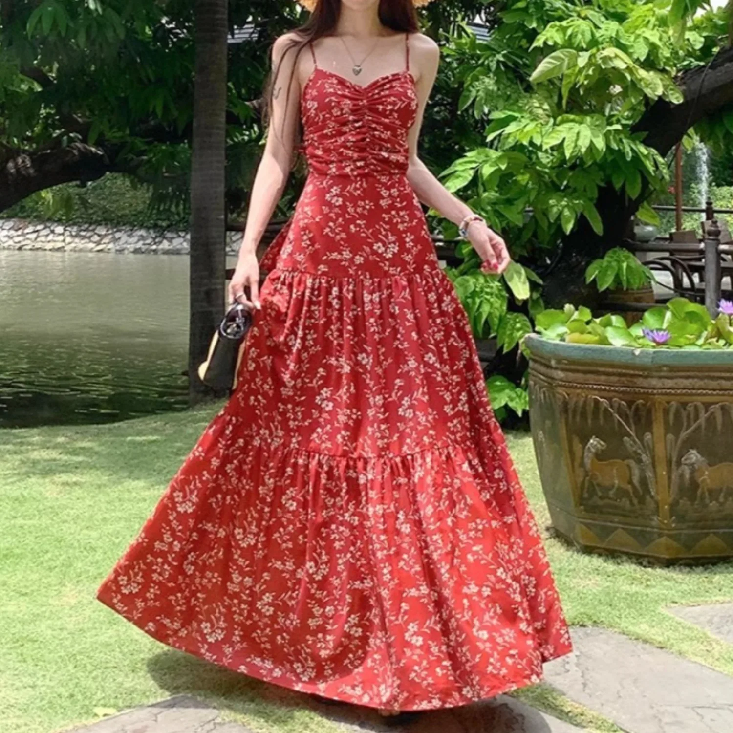 

Red Flower Printed Dress Women Sleeveless Streetwear Backless Summer Vacation Vestidos Bodycon Chic Elegant Cloth Lady