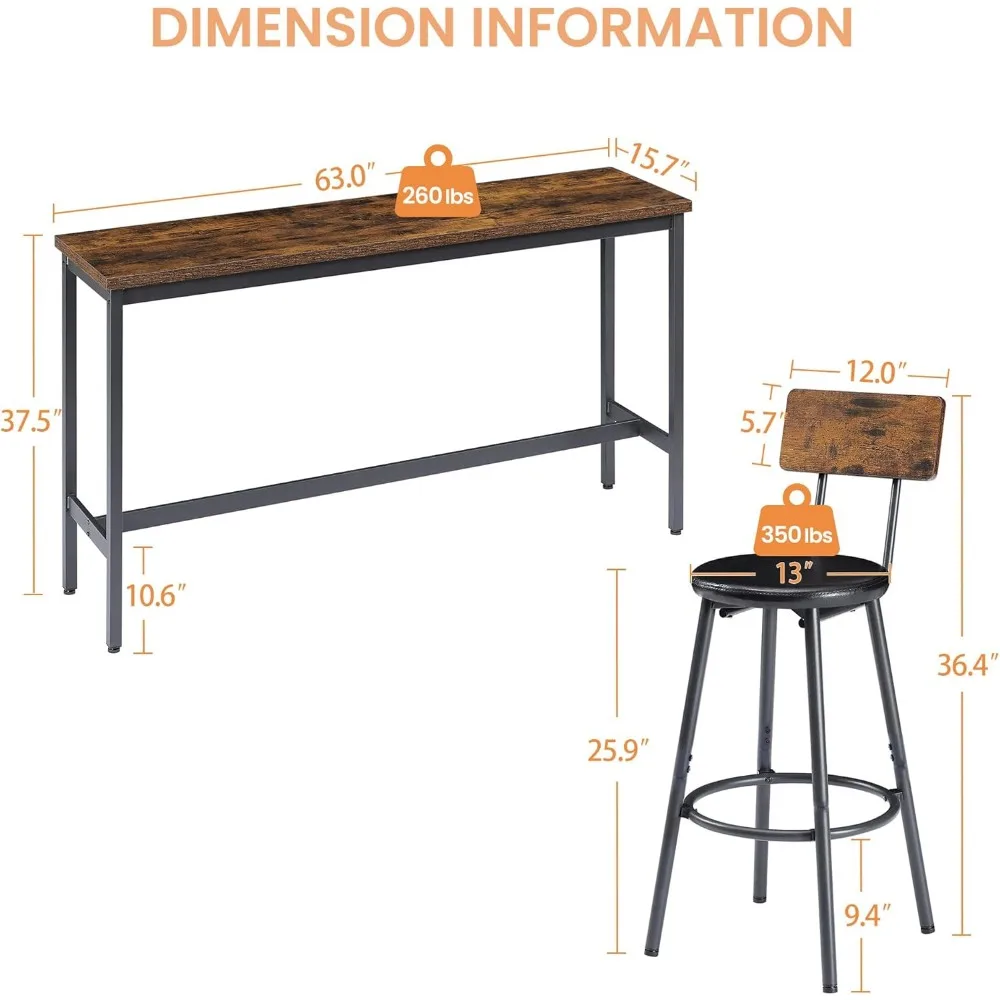 Bars Table with Stools - Long Bars Table Set with 3 PU Upholstered Bar Stools - Bar Table for Kitchen Table, Living Room
