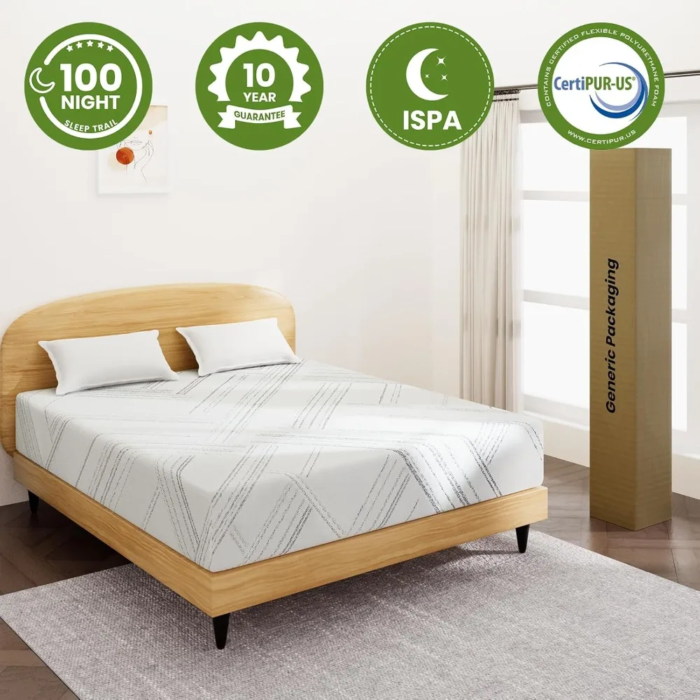 مرتبة 10 بوصة، مرتبة إسفنجية الذاكرة من جل التبريد متوسط القوة، مرتبة في صندوق، عزل الحركة، تخفيف الضغط