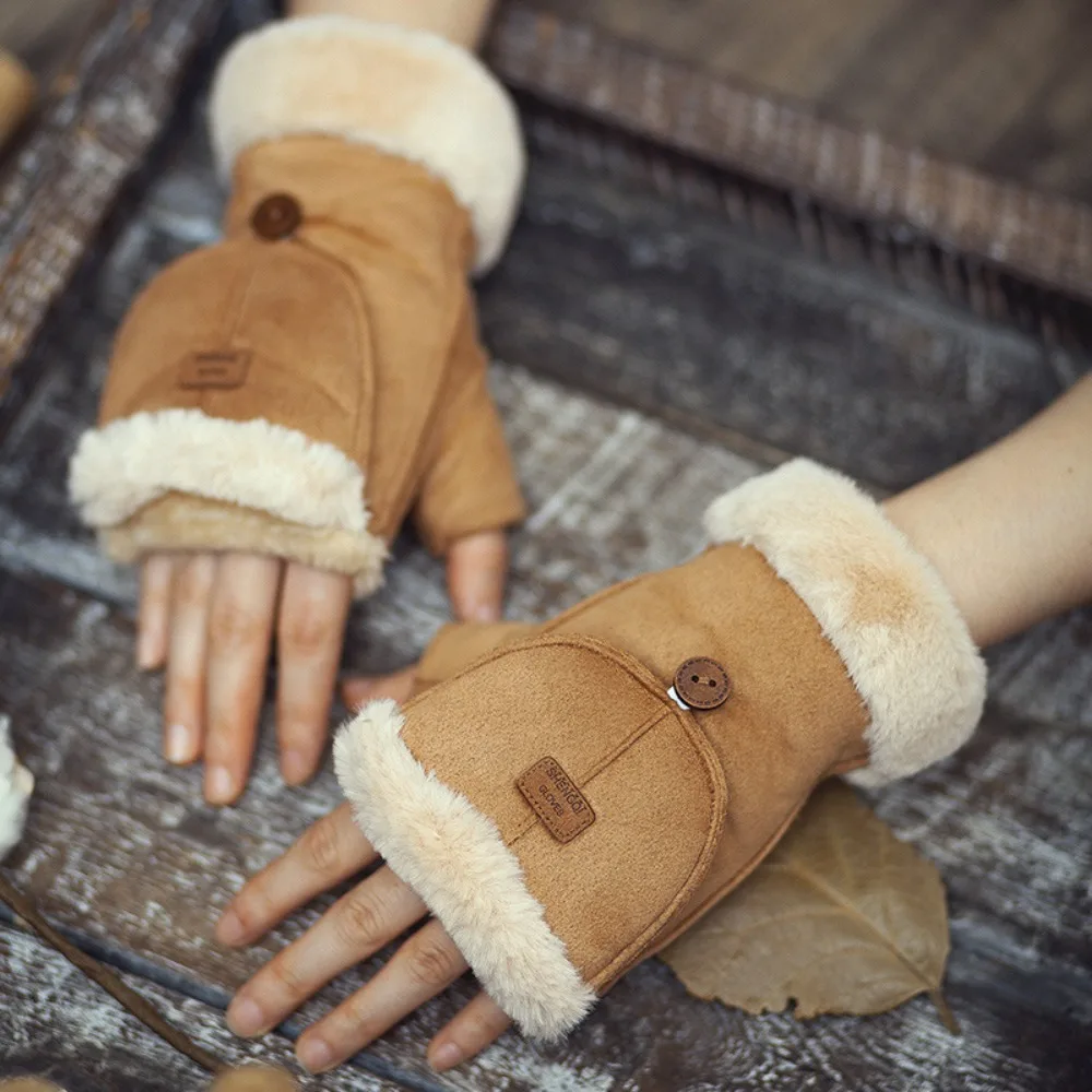 Fashion Thick Half Finger Gloves Plush Keep Warm Winter Gloves Touch Screen Flip Mittens Cycling