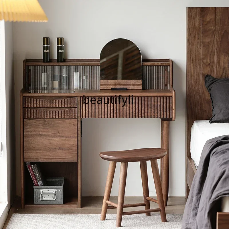 

Simple black walnut dresser, all solid wood light luxury makeup table, bedroom multi-functional integrated makeup table
