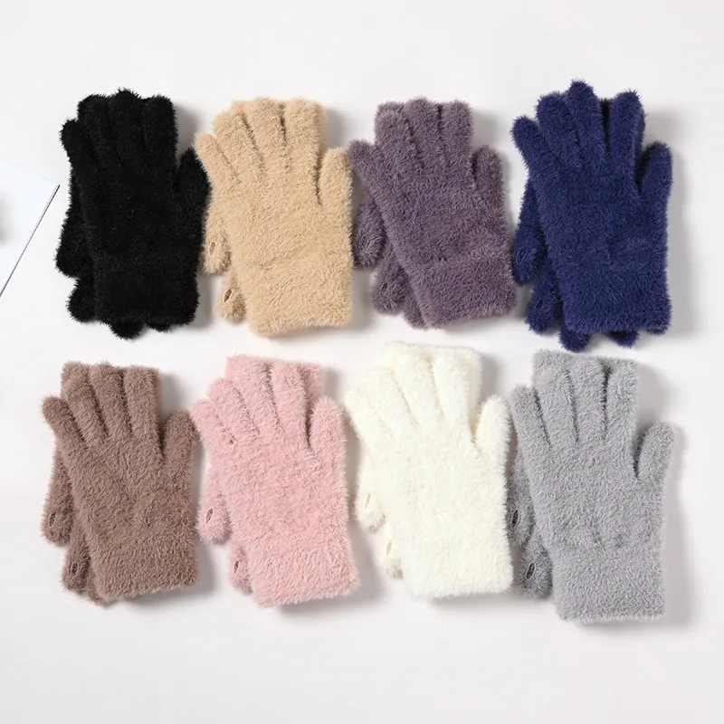 New Winter Women's Fleece-Lined Warm Outdoor Cycling Solid Color Finger-Design Touchscreen Convertible Knit Gloves