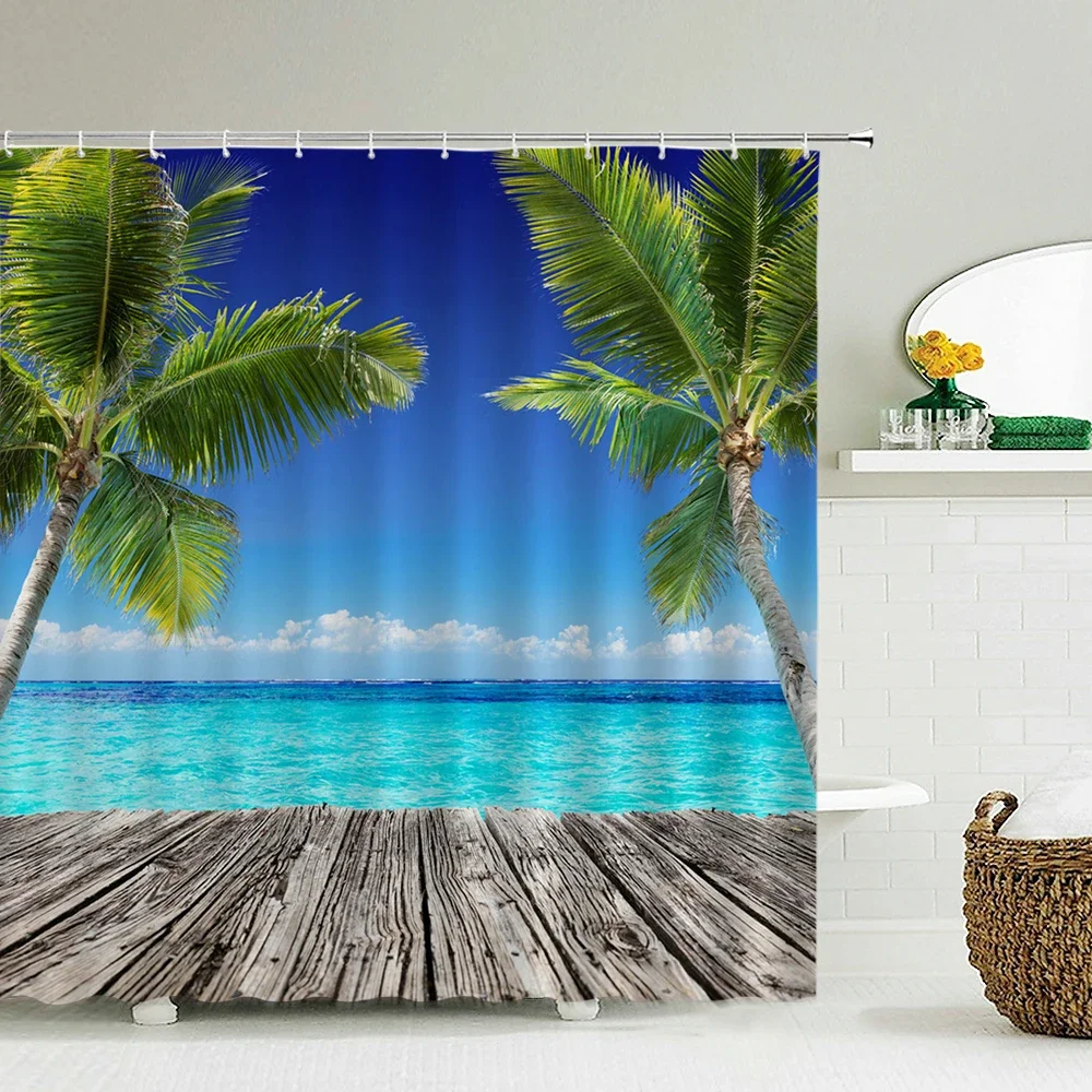 Küstenlandschaft-Duschvorhang mit Haken, dekorative „Fresh Seaside Vibe“ für Badezimmer, verstärkte Ösen und leicht zu reinigen