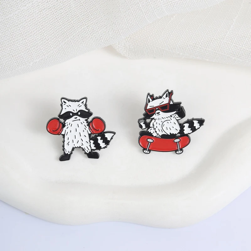 Boxing And Skateboarding Cartoon Enamel Pins Cute Raccoon Brooches Fashion Lapel Badge Backpack Clothes Jewelry Gift for Friends