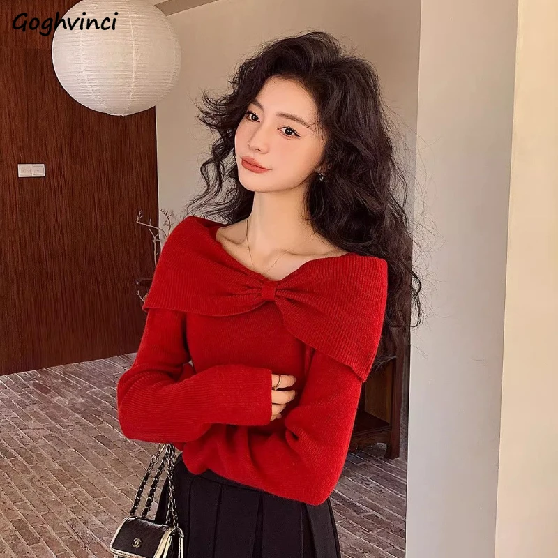 

Red Pullovers Women Slash Neck Autumn Winter Casual Tender Elegant Female Tops Sexy Fashion Long Sleeve Mujer Korean Style Cozy