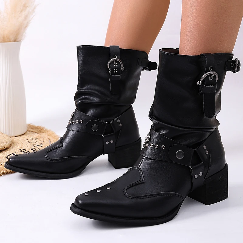 Rivet Decor Black Ankle Boots for Women 2026 Autumn Pointed Toe High Heel Cowboy Boots Woman Pu Leather Block Heeled Short Botas
