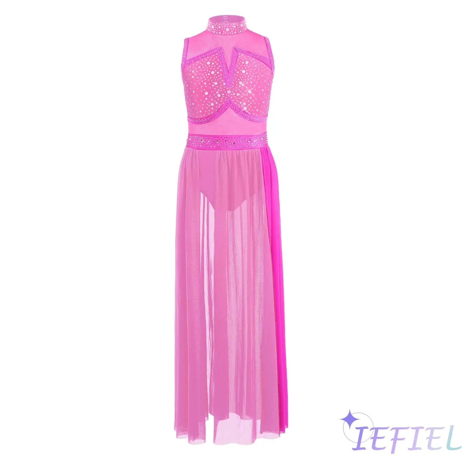 

Kids Girls Lyrical Dance Competition Dress Sleeveless Back Cutout Rhinestone Mesh Split Maxi Dress for Ballet Dance Performance