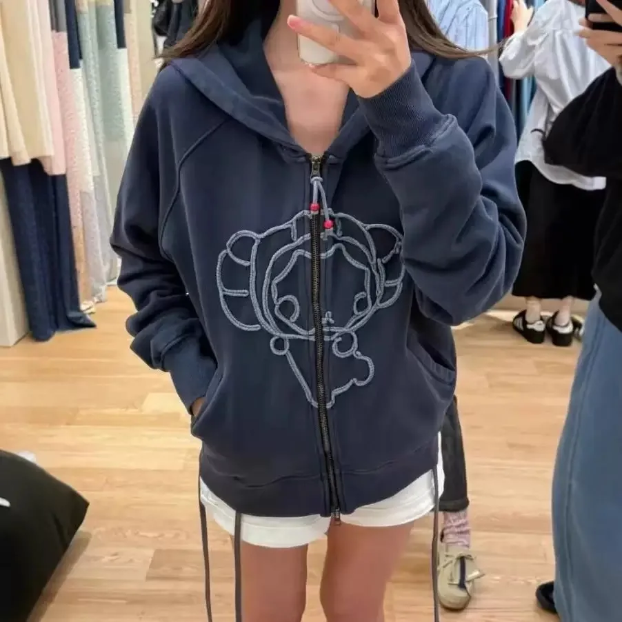 Casual Cartoon Doll 3D Embroidery Hooded Jacket Zipper Closure Cotton Long Sleeve Ladies Coat College Style Autumn Winter Out...
