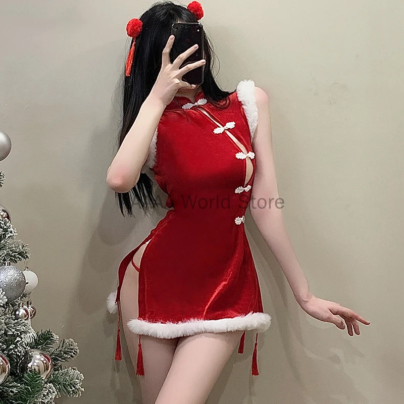 Feminino oco para fora vestido vermelho de natal retro borla cheongsam sólido uniforme conjunto natal festa de halloween traje para meninas