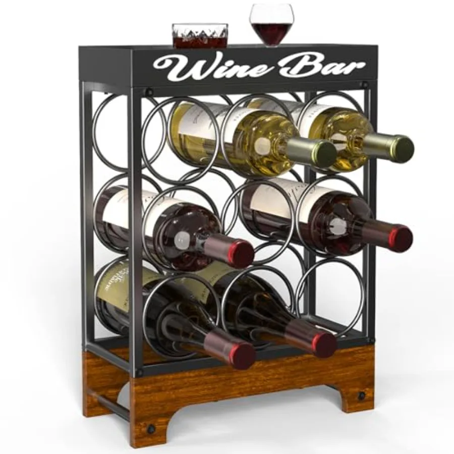 

9 Bottles Wine Racks Countertop Freestanding with Top Tray Modern Black Metal andWood 3 Tier Tabletop Wine Holder Stand for Hom