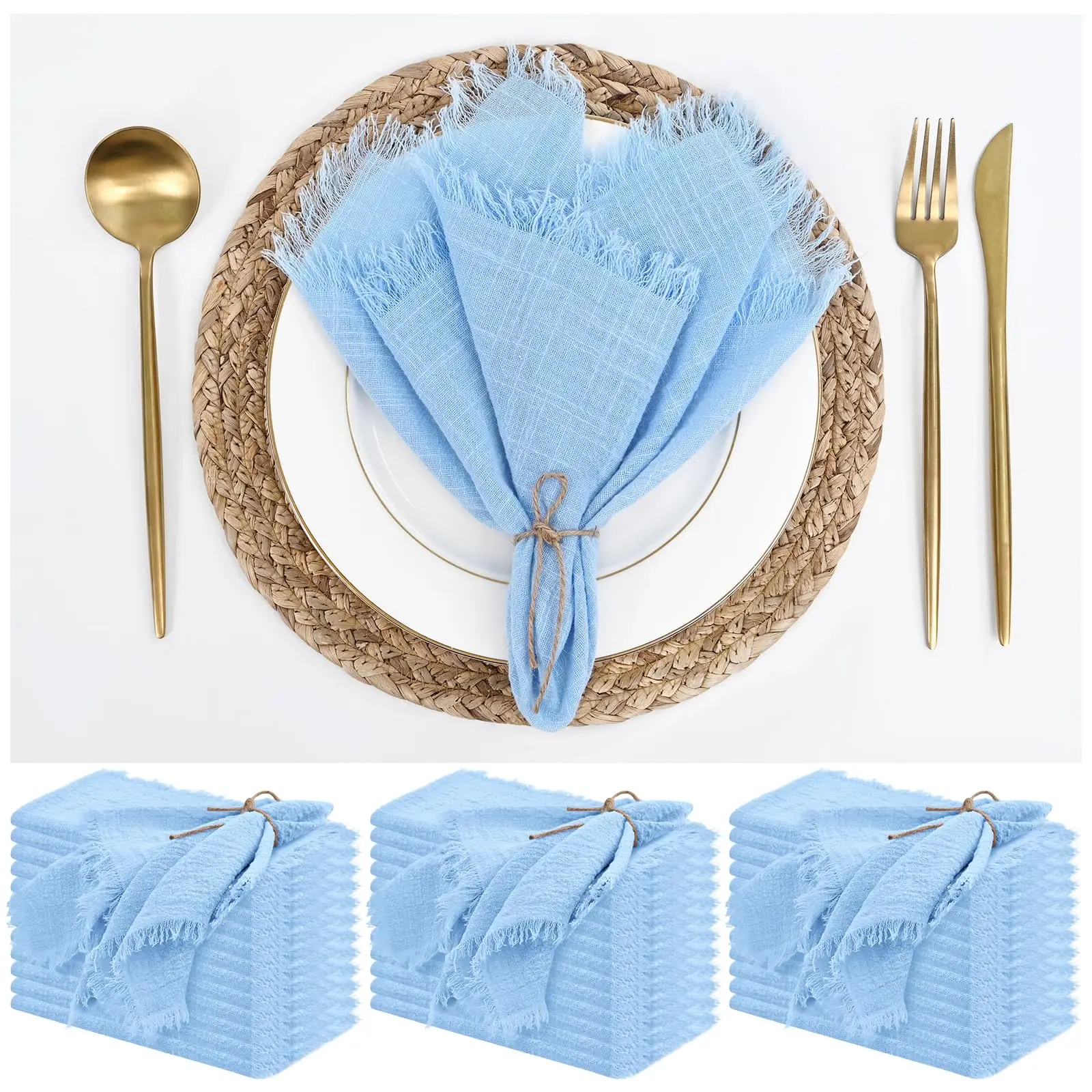 

50pcs Cotton Cloth Napkins 32x32cm Cloth Handmade with Fringe Soft Rustic Napkins Cloth Washable for Wedding Party Dinner Table