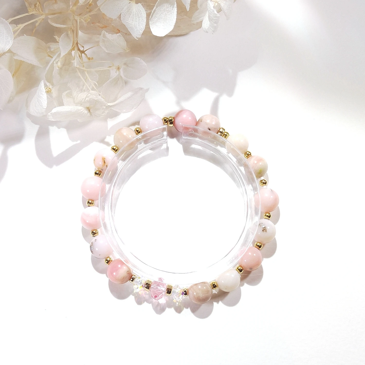 Lii Ji Pink Opal Natural Stone With Crystal 6/8mm American 14K Gold Filled Elastic Bracelet