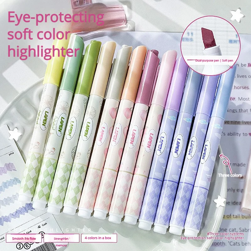 

4Pcs Fresh Highlighter Pen Set Fiber Axe Shaped Pen Tip For Students To Draw Mark And Highlight School Supplies