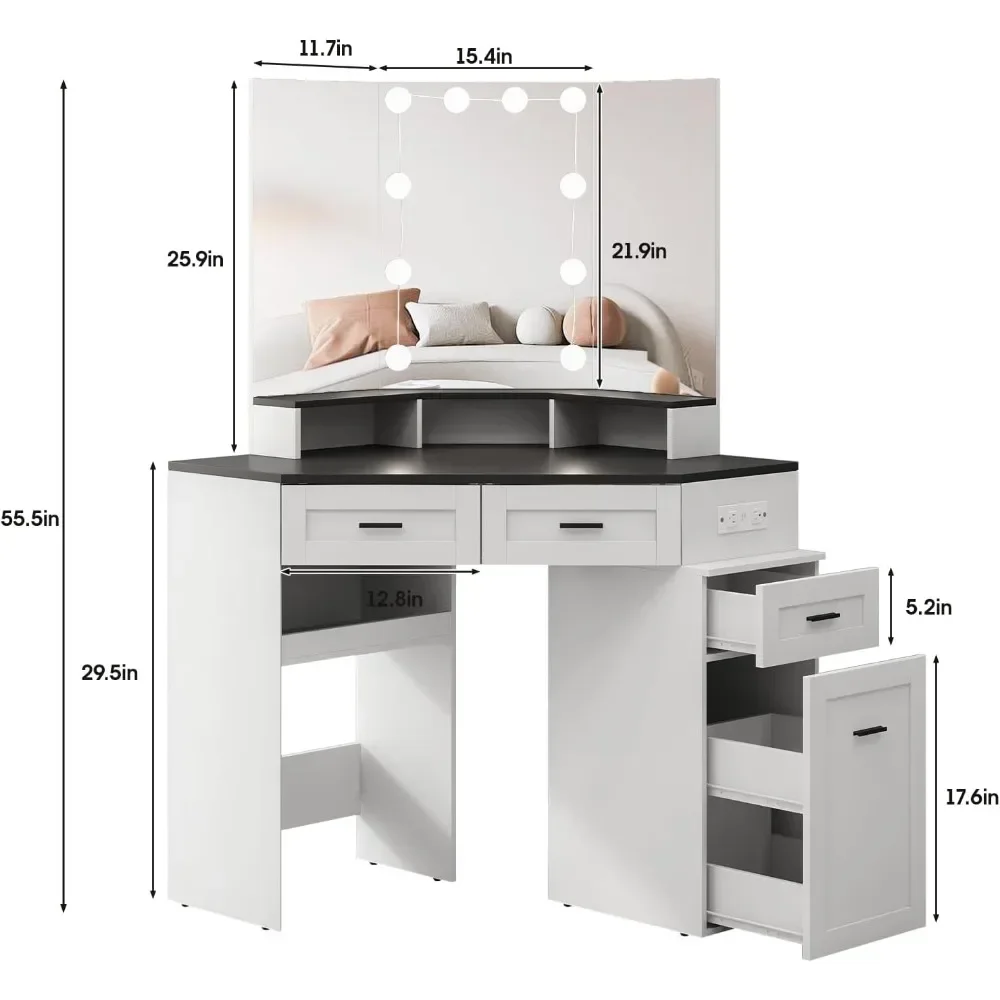 Corner Vanity Desk with Tri-Fold Mirror and Adjustable Light,Power Outlet, 3 Drawers, Sliding Cabinet, Open Shelves for Bedroom