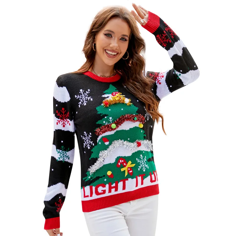 Casual Round Neck Christmas Sweater With Fashionable Embroidery Christmas Tree Letters Cartoon Christmas Knitting Pullover