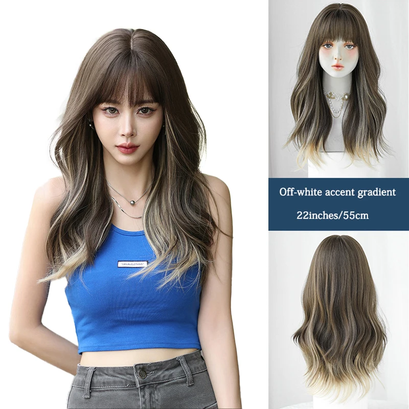 

22-Inch Wavy Synthetic Hair With Bangs Is A Fashionable And Natural Wig Suitable For Women'S Daily Parties And Halloween Cosplay