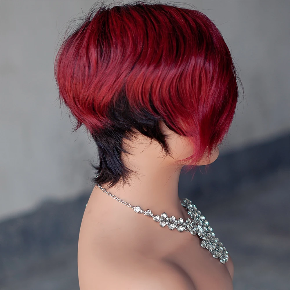 Wig rambut manusia Ombre merah Burgundy mesin Wig dibuat Wig potongan Pixie lurus pendek Wig dengan poni untuk wanita rambut Remy Brasil