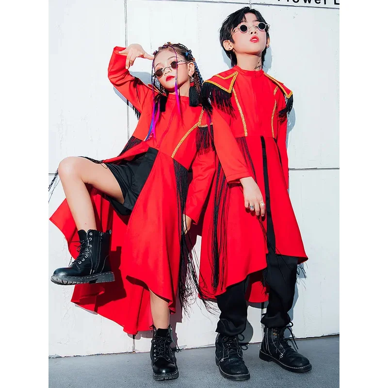 ZZL الأطفال المنصة المدرج عرض الأداء زي عباءة حمراء الصبي والفتاة الملابس الرقص الحضري بدلة أطفال K-pop الجاز الزي