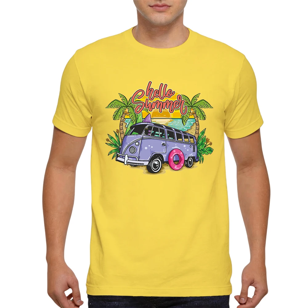 Mens 100% Cotton T Shirt Vintage Camper Van Surfboard Palm Beach Graphic Print Breathable Summer Short Sleeve Casual Tee