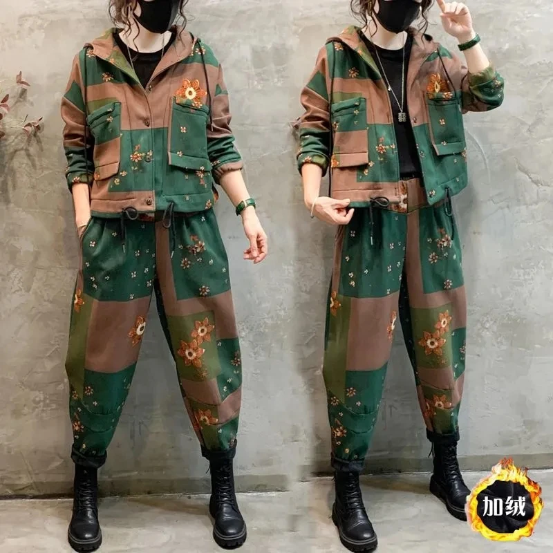 Suit Women Autumn Winter Two Piece Set Female Add Velvet Thickened Set Printed Hood Coat+Haren Pants 2 Piece Set Women Pants 2PC