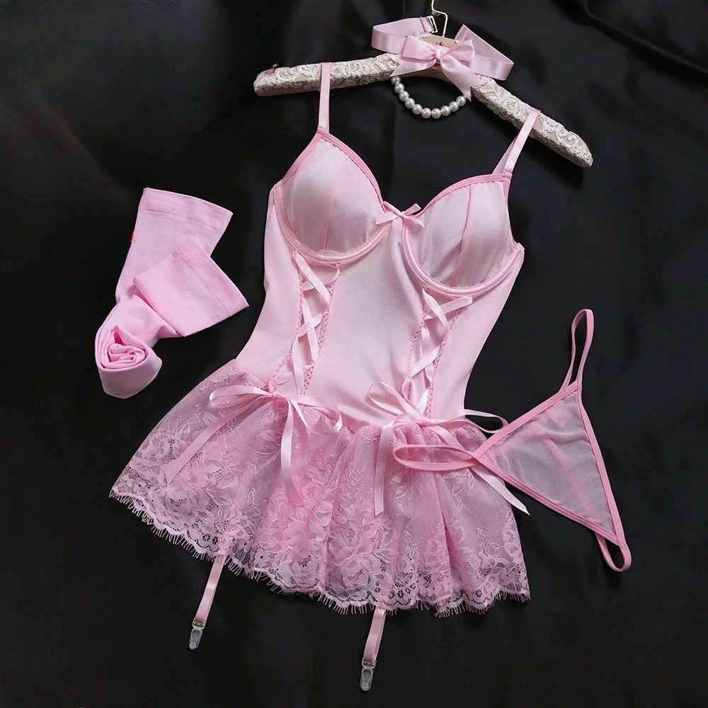 

Sexy Camisole Bow Decor Lingerie Women's Thin Lace Mesh Splicing Slim Fitting Nightgown Female Hollow Out Bandage Sleepwear Sets