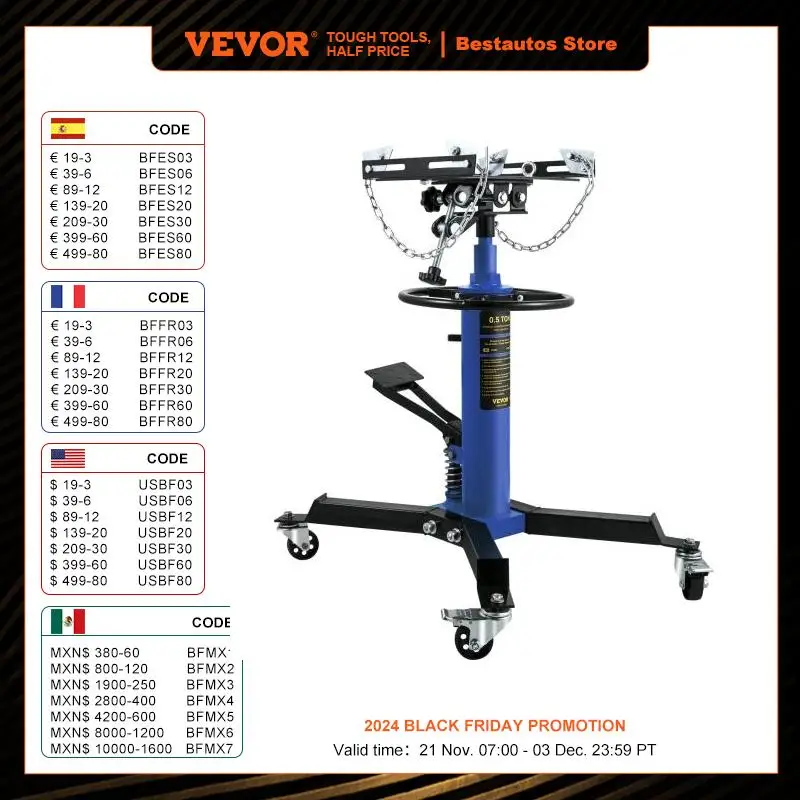 VEVOR Car Lift Jack Hydraulic Telescopic Transmission Jack Floor Jack Stand with Foot Pedal 360° Swivel Wheel Garage Lift Hoist