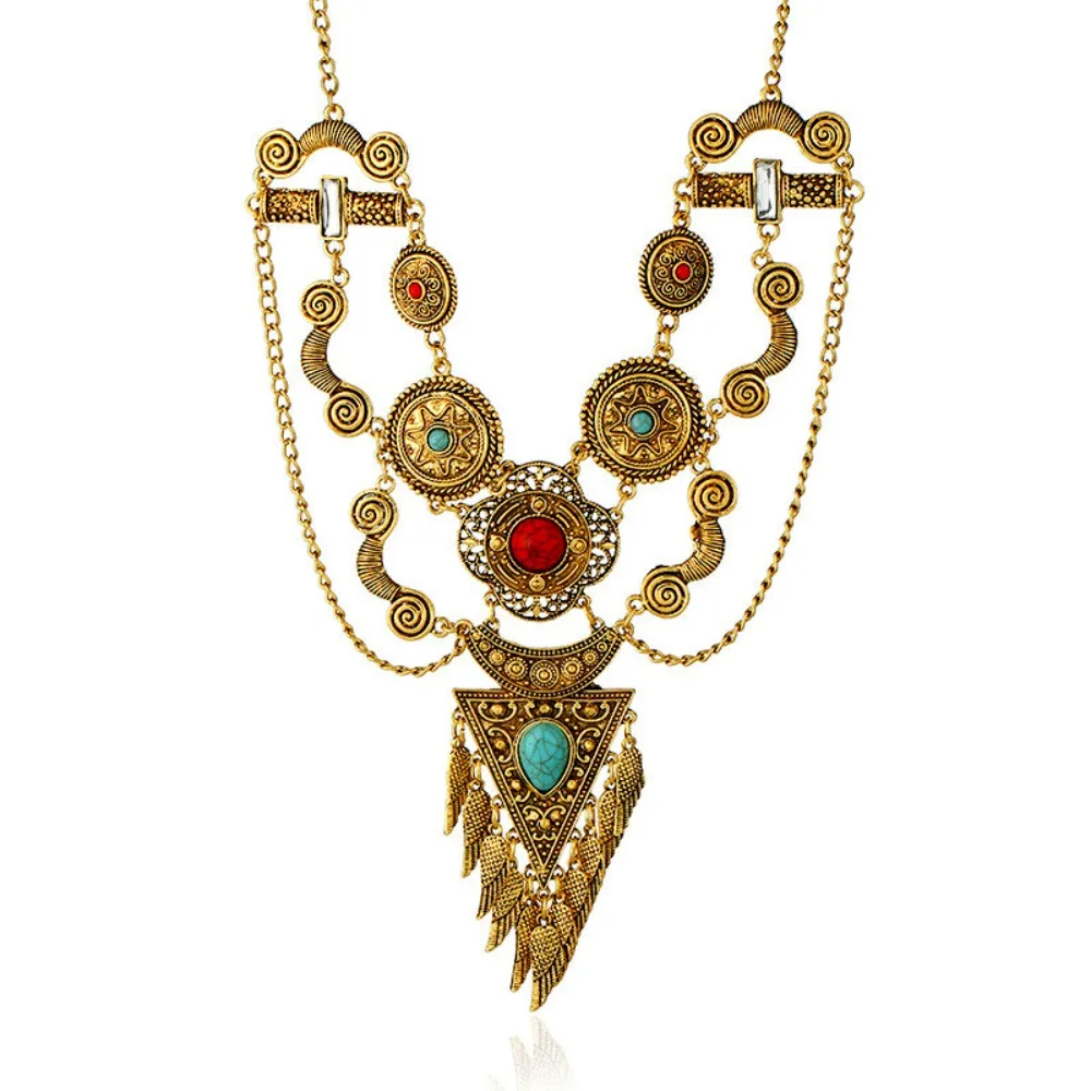 

Fashion Vintage Ethnic Style Necklace Geometric Beads Sweater Chains Colorful Stone Neck Jewelry Bohemia Tassel Necklace Party