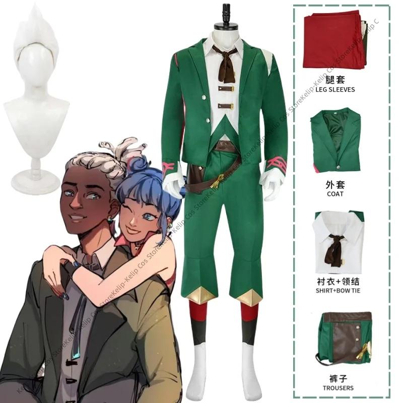 Game LOL Arcane 2 Ekko Boy Who Shattered Time Cosplay Costume Green Coat Stripe Shirt Uniform Wig Man Halloween Carnival Suit