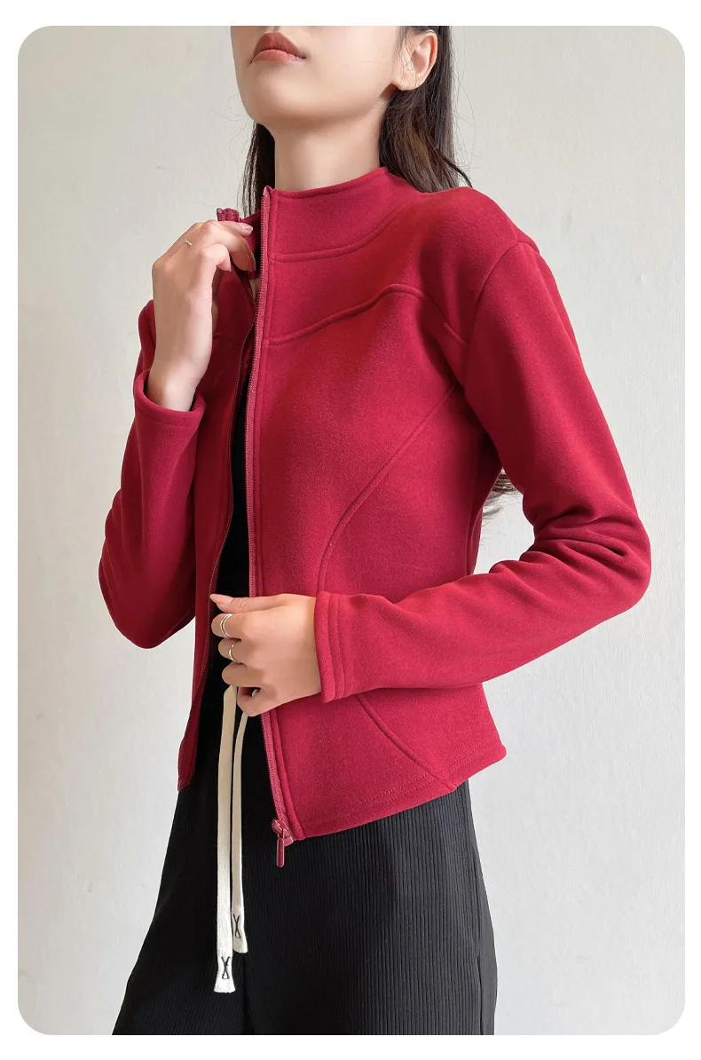 Women's Slim Fit Fleece Lined Short Sweatshirt Jacket Autumn Winter Thick Warm Zipper Jackets Woman Solid Stand Collar Yoga Wear