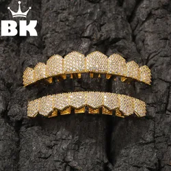 THE BLING KING Mens Micro Paved Cubic Zirconia Grillz Gold Plated Top and Bottom Dental Grills Punk Jewelry Hip Hop Teeth Wear