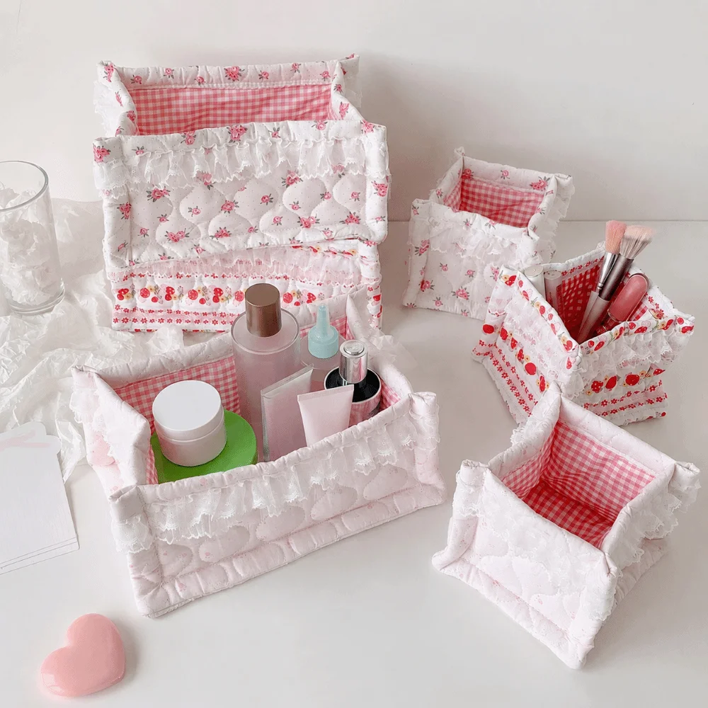 Soft Desktop Storage Basket Quilted Lace Flower Cosmetic Storage Pouch Large Capacity Snacks Sundries Sorting Bag
