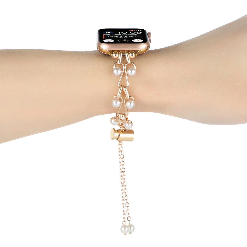 Correa de Metal con perlas de lujo para Apple Watch, pulsera Ultra de 49mm, 44mm, 40mm, 45mm, 41mm para mujer, iWatch series 7 3 SE 6 8