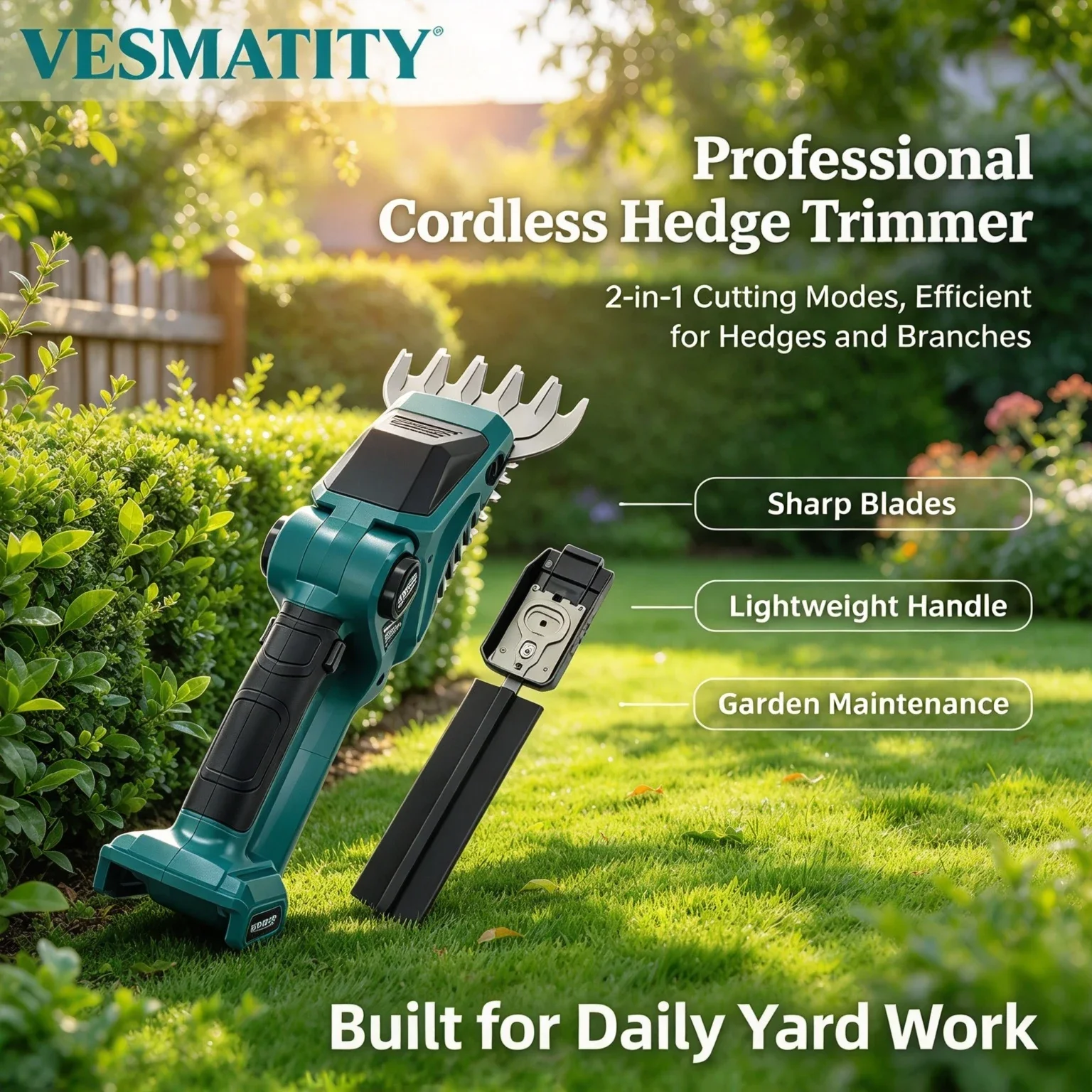 Vesmatity Pruning Hedge Trimmer 21V Cordless Brushless Double Blade Garden Shears Tool Compatible 18V Battery Tool Only HD