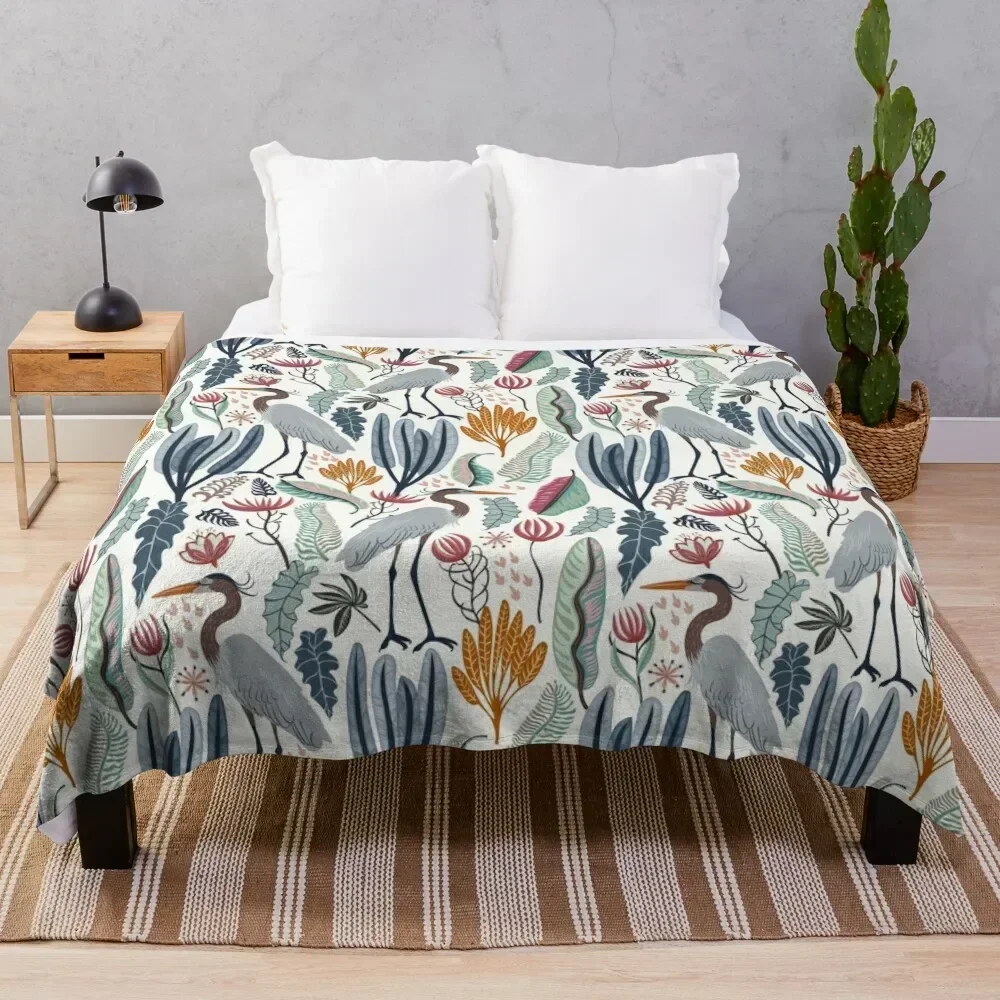 

Heron and plants Throw Blanket Flannel Fabric Plaid on the sofa Blankets