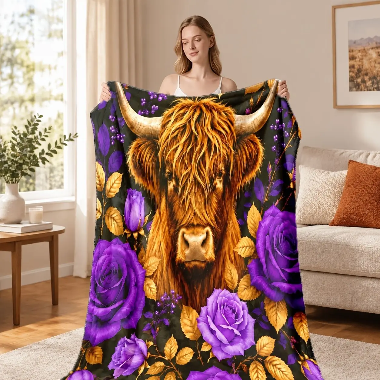 Warm Throw Blanket Highland Cow Purple Rose for Couch Bed Reading