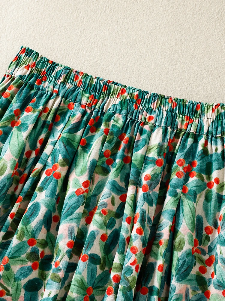 Retro Style Cotton Linen Print Skirt Long Semi-Body Spring Summer High Waist Puffy Skirt Ladies Fashion Elegant