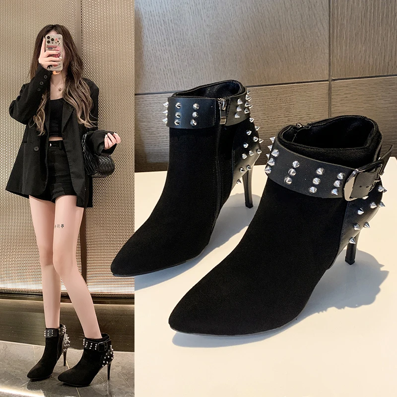 High Profile Level Stiletto Heels with Pointed Toes and Air Side Zipper Rivets All Comfortable Non-slip Breathable Fashion Boots