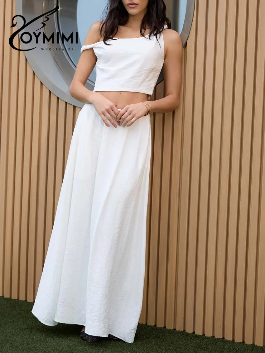 Oymimi, conjunto elegante blanco de 2 piezas para mujer, conjunto de Tops cortos con tirantes finos simples a la moda + faldas holgadas hasta el suelo de cintura media