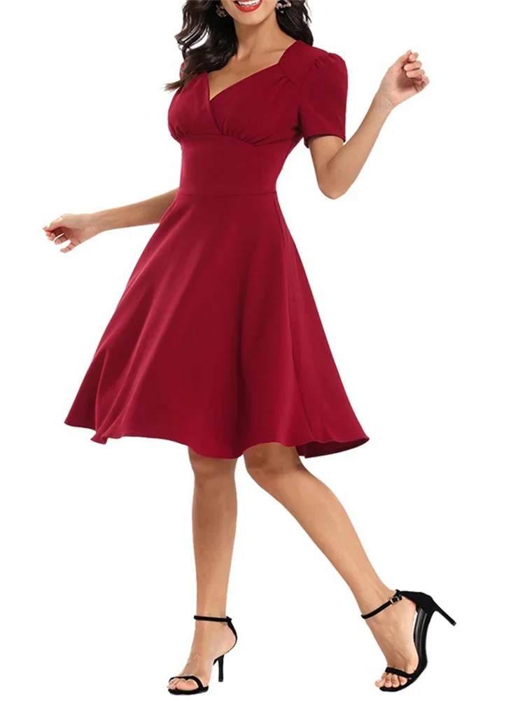 French Style Summer Swing Women's Casual Dress Elegant V Neck Solid 50s Pleated A Line Pinup Runway Short Cocktail Prom Dresses