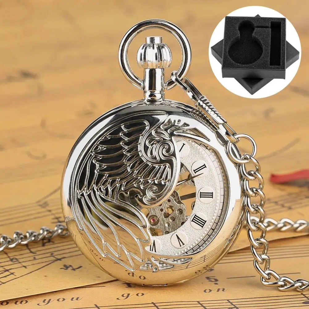 

Серебряные карманные часы Phoenix Half Hunter с механическим ручным заводом, классические римские цифры, циферблат, брелок-цепочка, кулон, часы, подарок для мужчин