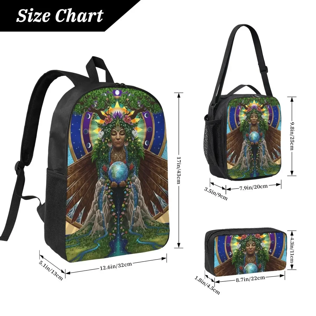 Gaia Sacred System Backpack Student BookBag School Bag Laptop Shoulder Bags 3ps Insulated Lunch Bag Pencil Case